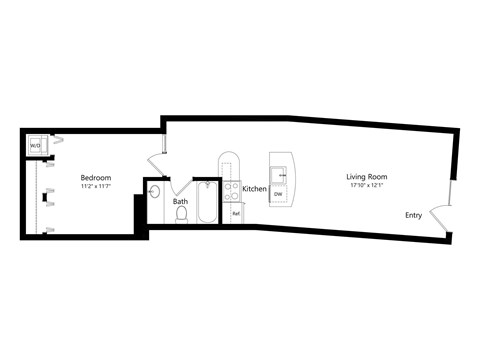Floor plan for 1 bed, 1 bath, 611 sqft